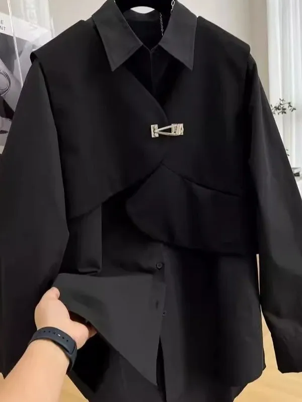 

plus Size 300 Pounds High End European Long Sleeve Shirt Vest Men's Spring Loose Slimming Shirt Two Piece Set Casual Style Po...