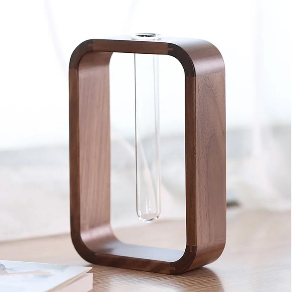 HeMu Minimalist Wooden Frame Test Tube Vase Walnut Wood Hydroponic Planter