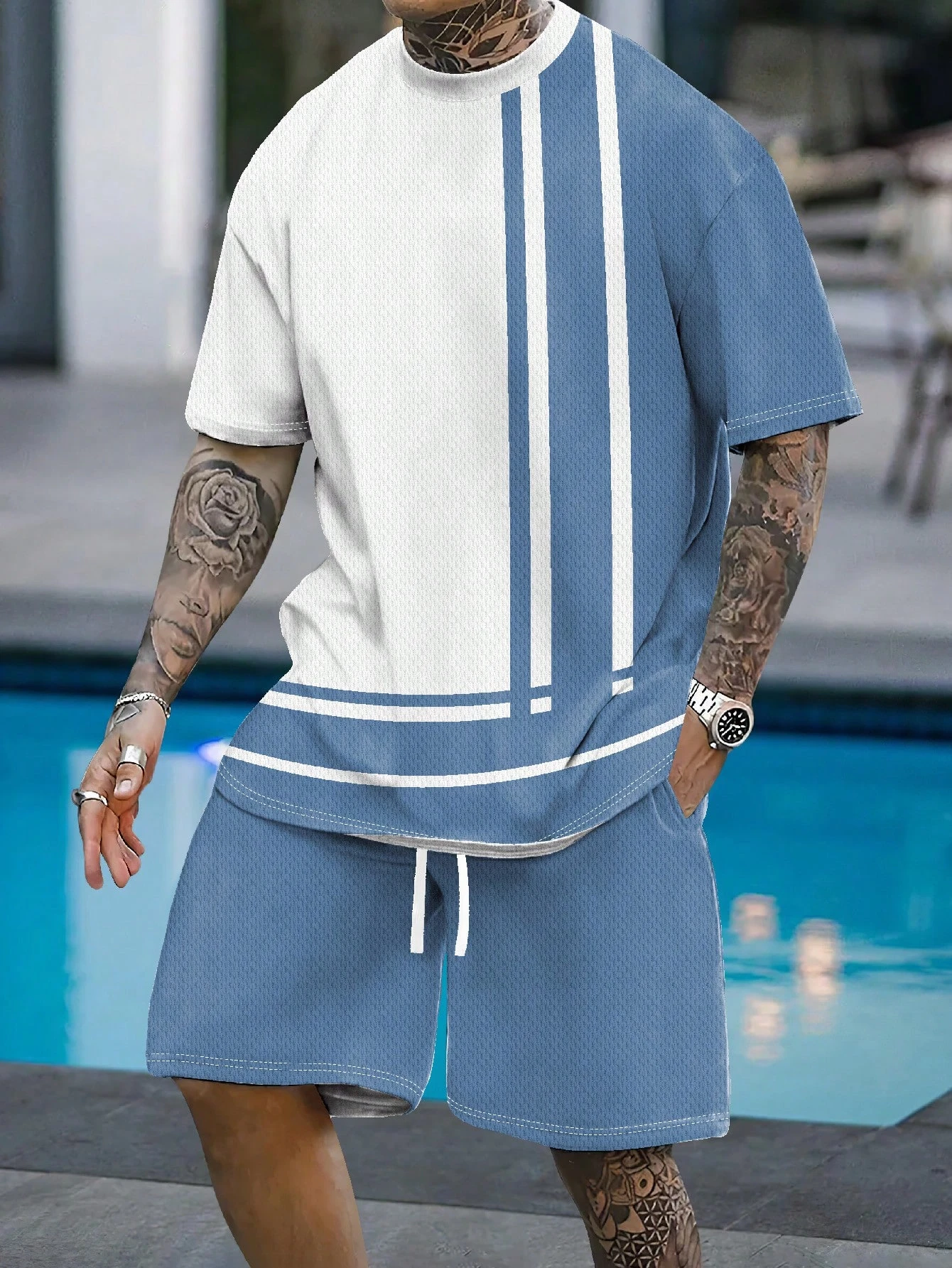 

Casual Stripe Printed 3D T-shirt Shorts Set Large Size Loose Men's Short Sleeve Elastic Waist Shorts 2-piece Set Sports Clothes