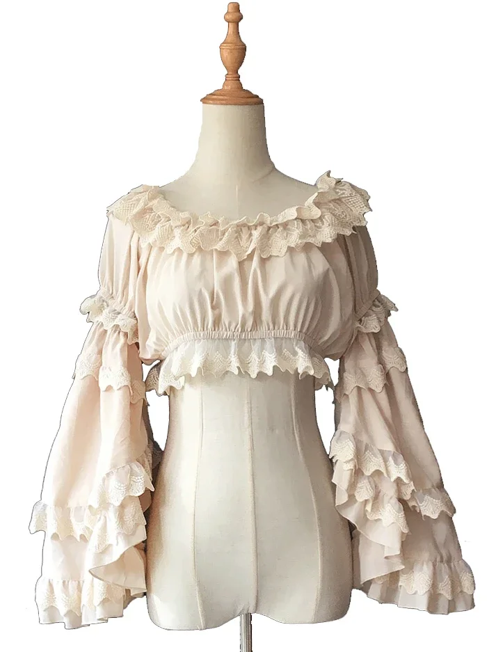 Sweet Detachable Flare Lace Sleeve Chiffon Blouse Ruffled Short Women\'s Crop Top White/Black/Ivory by Infanta