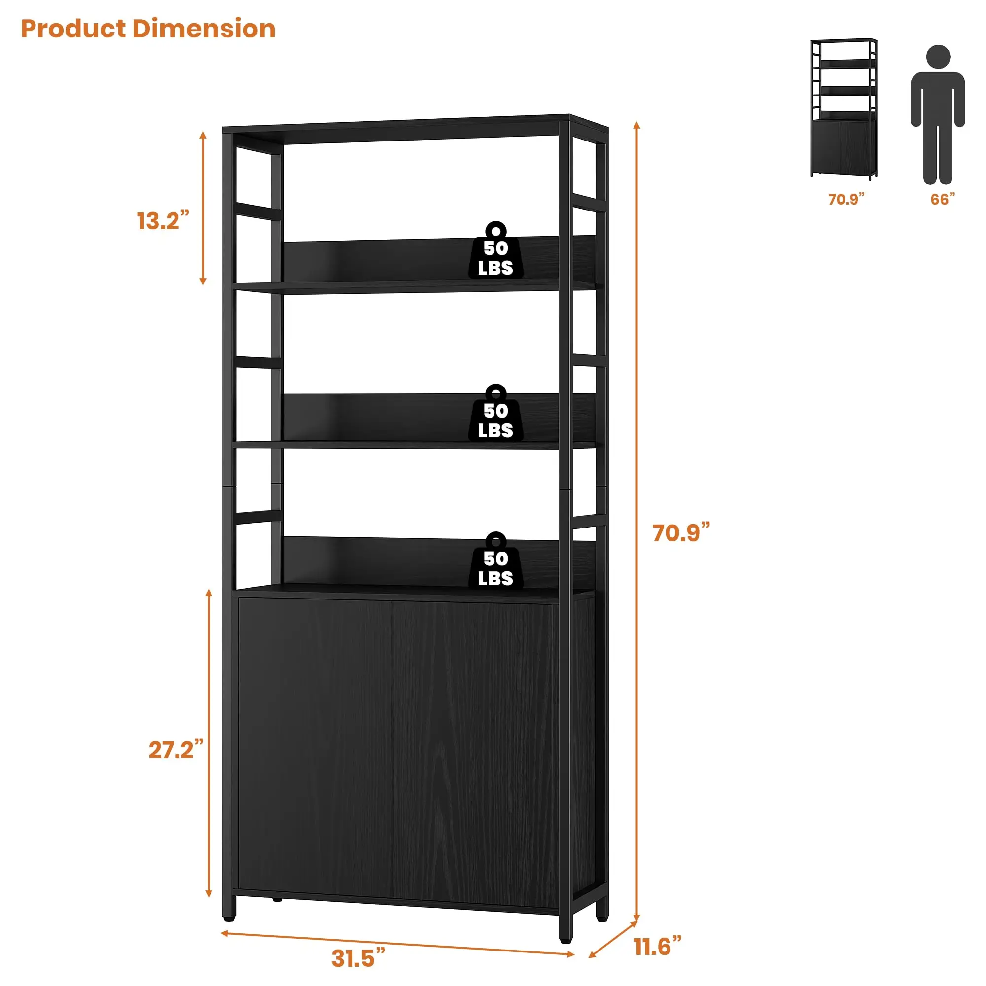 Industrial Bookshelf with Wooden Storage Cabinet, 3-Tier Open Shelf Tall Bookcase, Metal Frame Freestanding Display Shelving Unit for Living Room Home Office