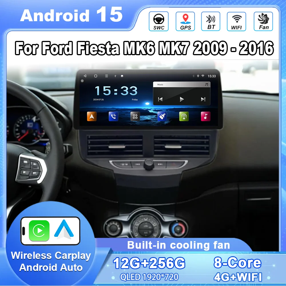 12.3 بوصة أندرويد 15 سيارة لفورد فييستا MK6 MK7 2009 -2016 راديو تلقائي الوسائط المتعددة مشغل فيديو الملاحة GPS واي فاي شاشة تعمل باللمس