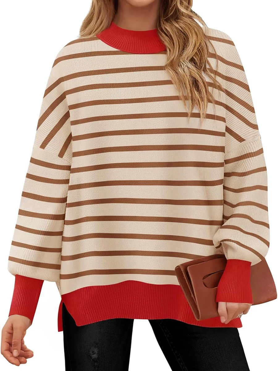 Women s Loose Stripes Sweaters Long Sleeve Round Neck Contrast Color Knit Tops Fall Jumper Tops