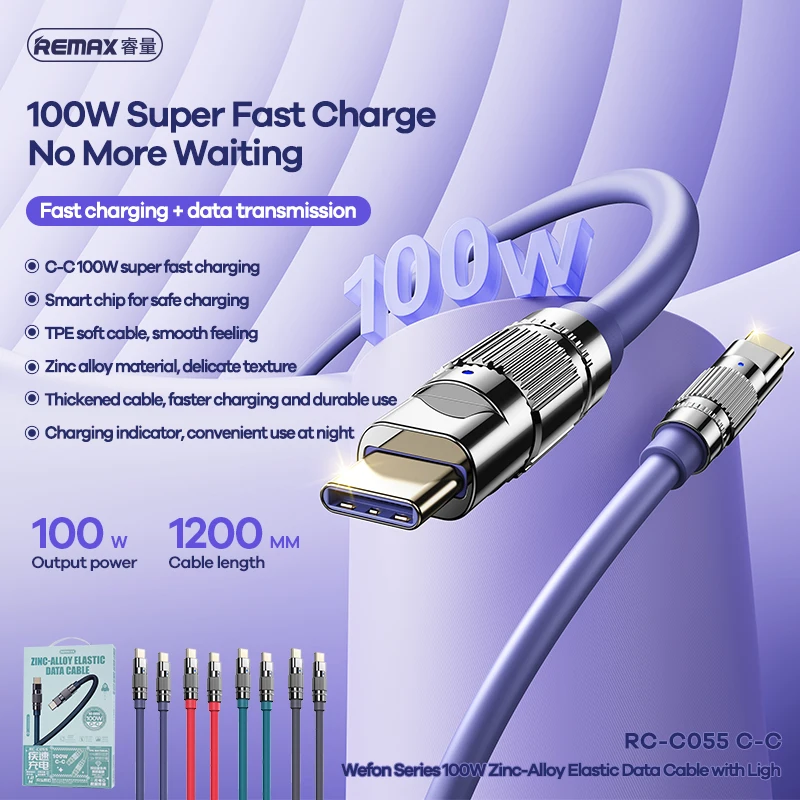 Remax 100W Zinc-alloy Elastic Data Cable with Indicator Light C-C Super Fast Charging Type-C to Type-C For Phones/Laptop/Tablets