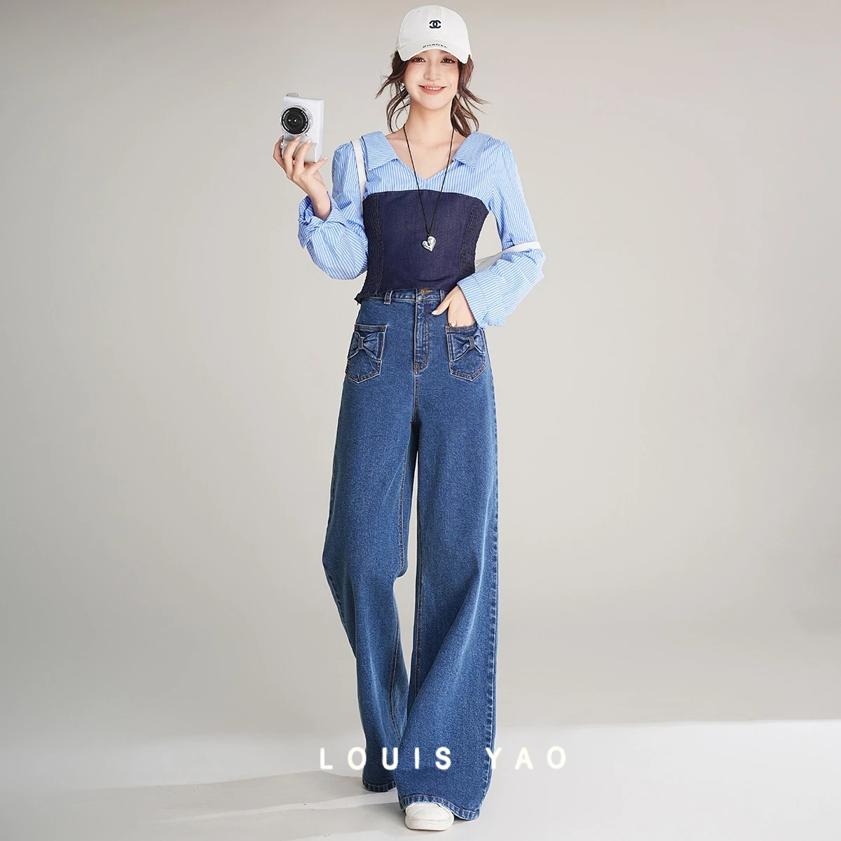 

LOUIS YAO New Retro Long Women's Jeans 2025 Autumn Casual Denim Pants Bow Pocket Decoration Non Elastic Wide Leg Pants Chic Wear