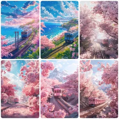 5D DIY Pastel Cherry Blossom Coastal Train Landscape Diamond Painting, Anime Sakura Railway Scenery Combination Home Wall Deco