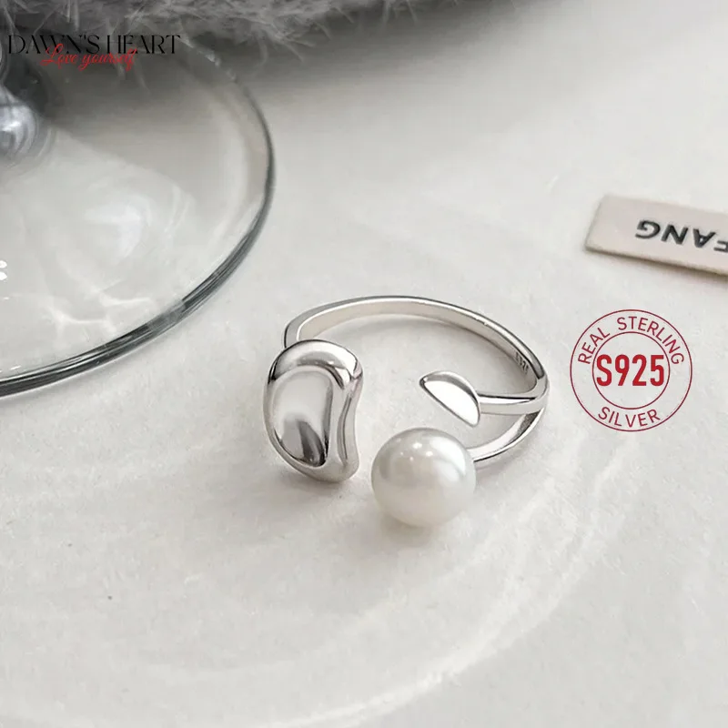 

Natural Pearl Ring 925 Sterling Silver Stacking Wedding Dating Rings Korean Simple Light Luxury Adjustable Ladies Jewelry Ring