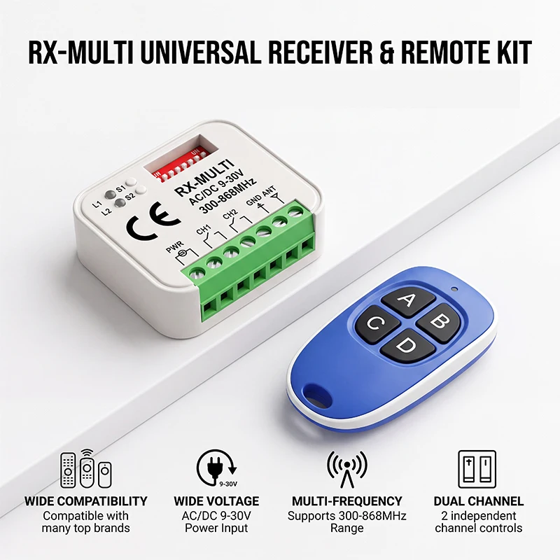 Universal Garage Door Gate Remote Control Kit RX-MULTI 300-868MHz RF Receiver 9-30V 2 Channel Relay Switch 433MHz 868MHz Rolling