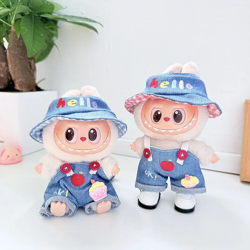 

Labubu Cute Denim Fisherman Hat Outfit Hello Hat & Apple - Cupcake Overalls For 15/17cm 1st 2nd 3rd Gen Dolls