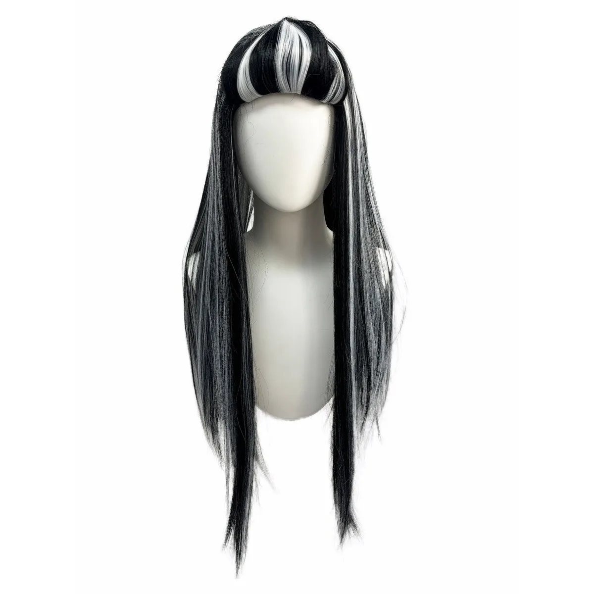 Black and White Streaked Long Straight Synthetic Wig with Bangs, Gothic Style for Anime Cosplay and Halloween