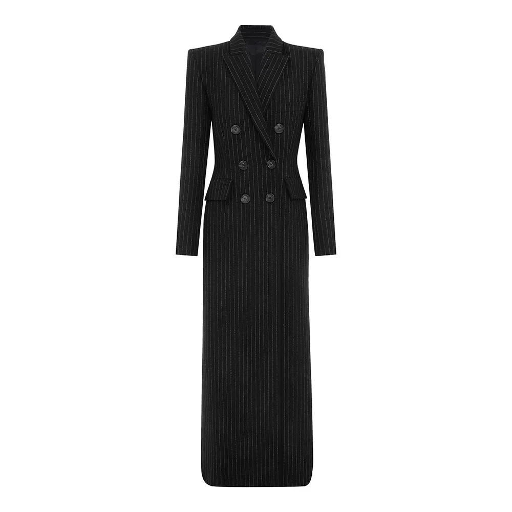 Fashion Black Striped Women Jacket 1 Piece Summer Chic Peak Lapel Double Breasted Long Blazer Formal Casual Office Lady Coat