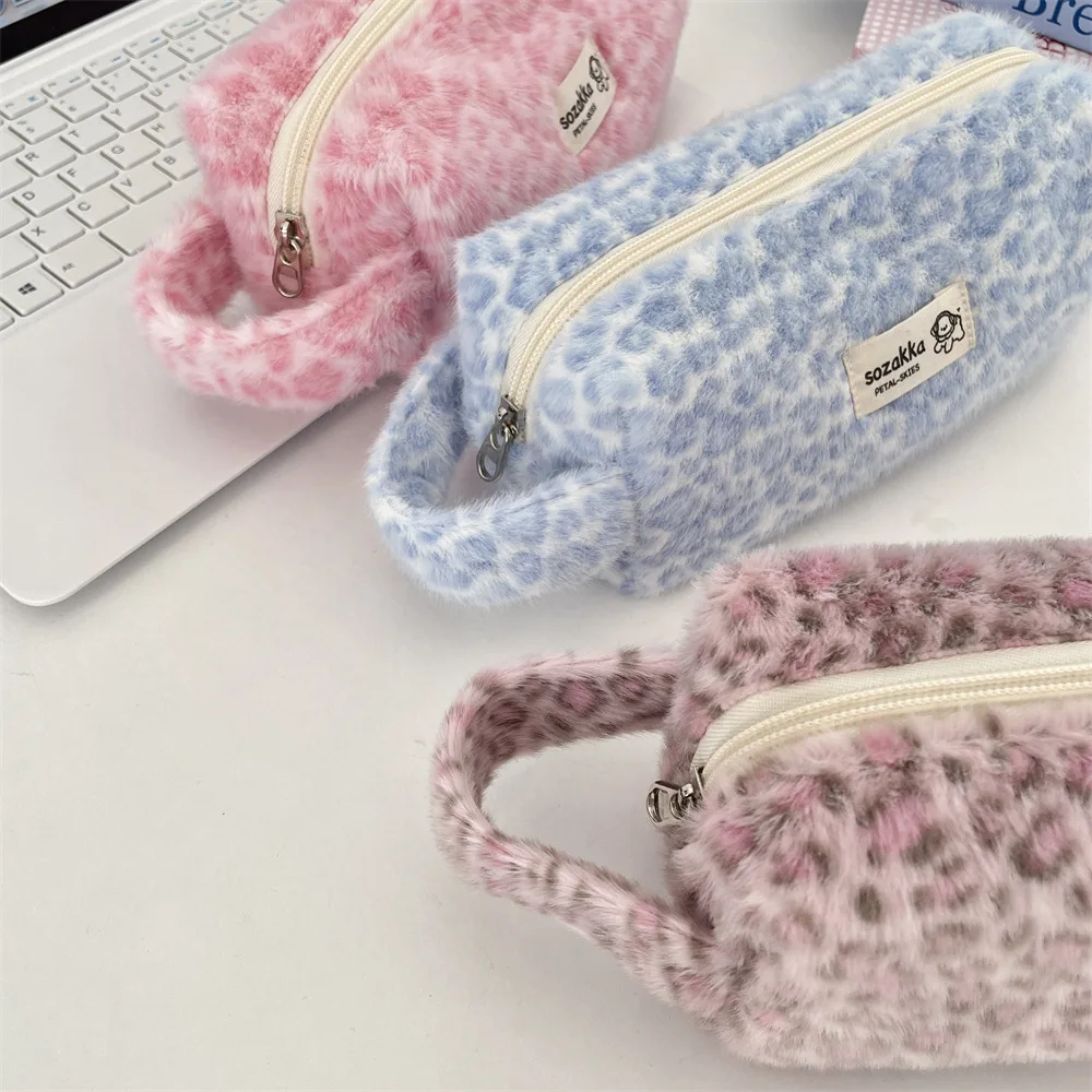 Ins Women's Retro Leopard Print Plush Makeup Bags Clutch Toiletry Bag for Female Cosmetic Pouch Girl Student Pencil Case