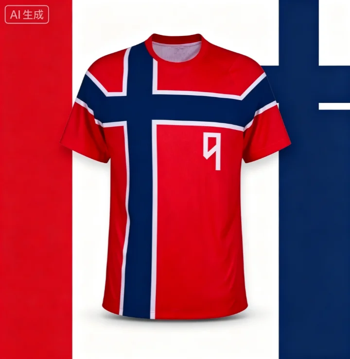 Image of SOMMER Haaland 9 Norwegen Fußballtrikot Norwegische Flagge Kreuz-Print Doppelseitig Atmungsaktiver Schnelltrocknender Stoff Rundhals Unisex Kurzarm
