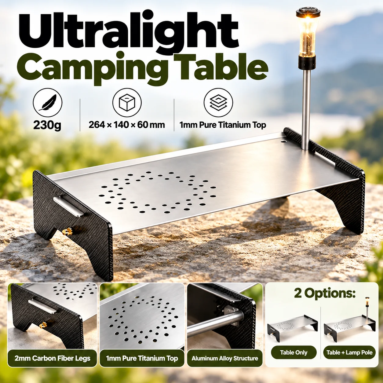 Ultralight Titanium Camping Table Carbon Fiber Mini Hiking Table Portable Outdoor Backpacking Table with Optional Lamp Pole 230g