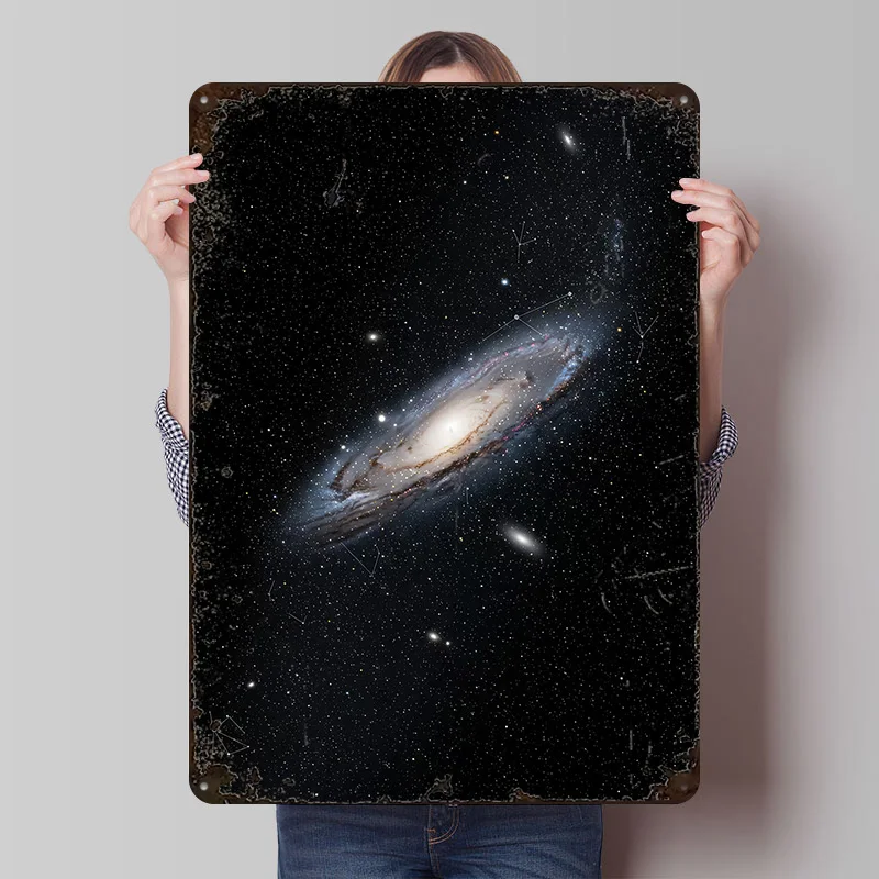 Andromeda Galaxy in Starry Space Poster Customized Vintage Metal Signs Wall Art Retro Tin Plaque for Home Decoration Luxury Room