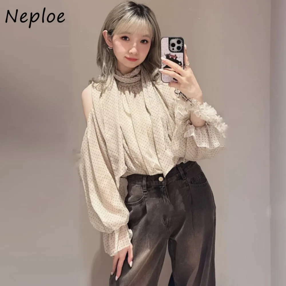 

Neploe Ruffles Chiffon Fairy Elegant Shirt Princess Sleeves Ruffled Solid Patchwork Blusas Japan Loose All-match Lace Up Mujer