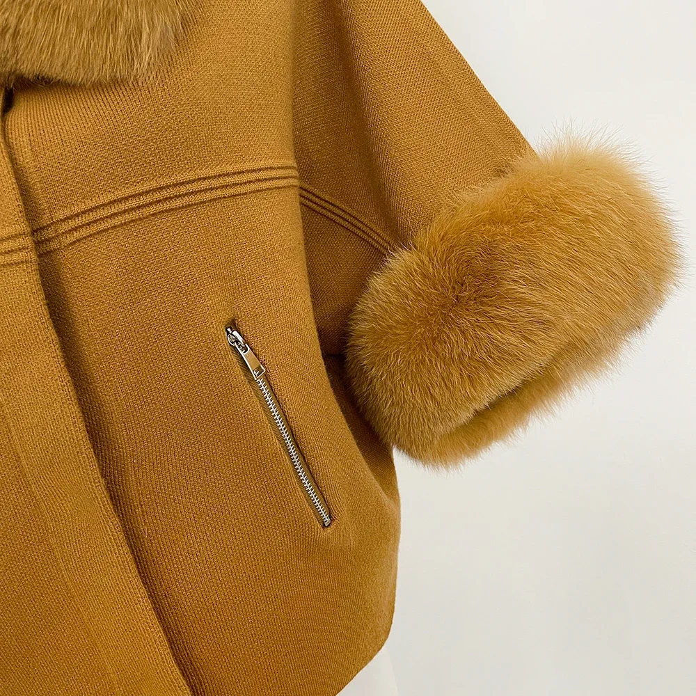 OFTBUY Herbst-Oberbekleidung für Damen, Kurze Batwing-Strickjacke mit Echtfuchs-Pelzkragen und -Manschetten, Kurzer Strickmantel für Damen – Detail 5