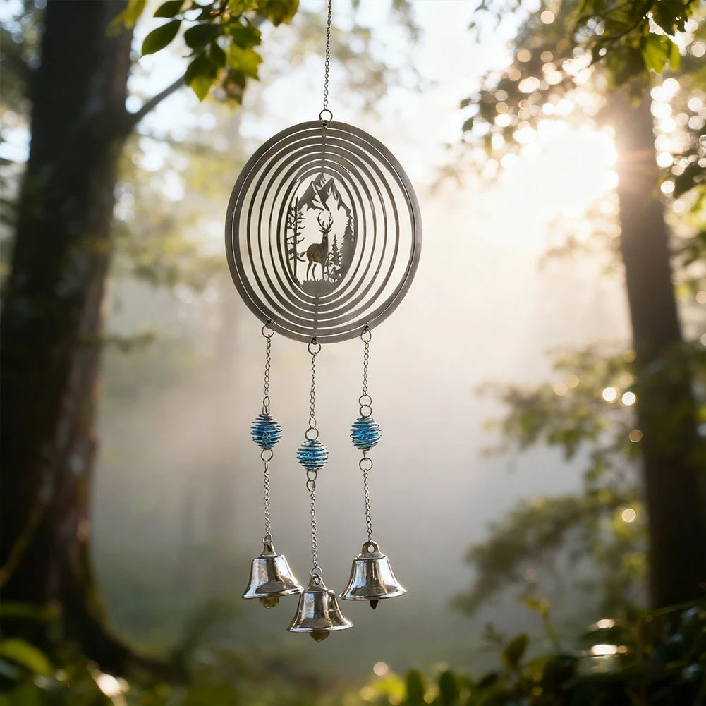 3D Rotating Reindeer Wind Chime Metal Bell Home Door Hanging Pendant Fantasy Wedding Garden Courtyard Decoration Gift