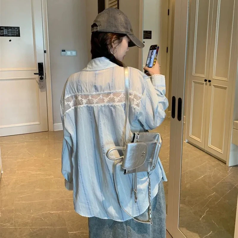 

Chic Hollow Out Shirt Women Blue Striped Lace Patchwork Loose Long Sleeve Blouse Fall Fashion Casual Button Korean Female Tops
