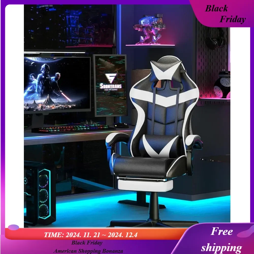 

White Gaming Chairs with Footrest, Video Game Chairs for Adults Teens, Lumbar Support Adjustable Recliner Chair(Polar White)