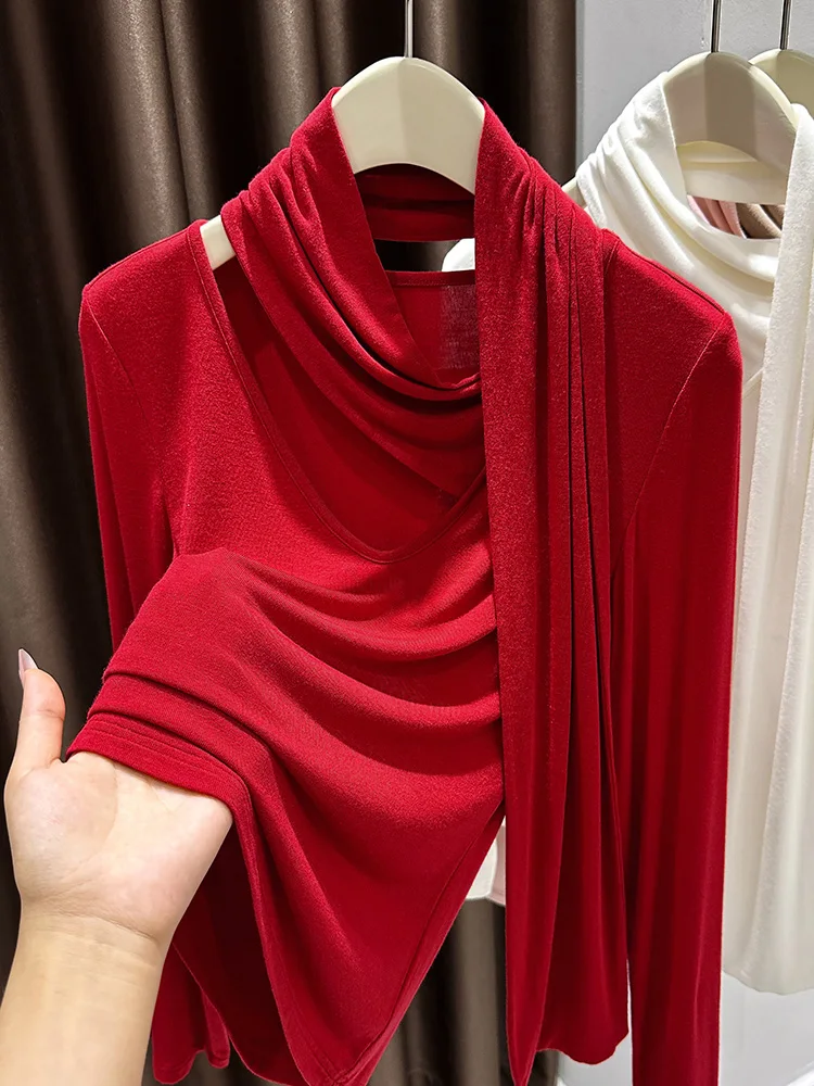 

Сексуальный красный облегающий топ с V-образным вырезом, модный женский топ с шелковой лентой, осенняя базовая одежда, для ношения как нижнее или верхнее белье, футболка