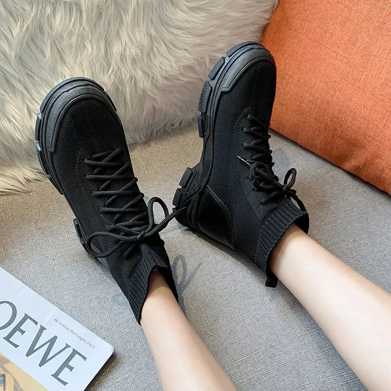 Women Ankle Boots Breathable Knitted 2021 Fashion Autumn Female Platform Boot Lace Up Mid-calf Boot Ladies Shoes Footwear