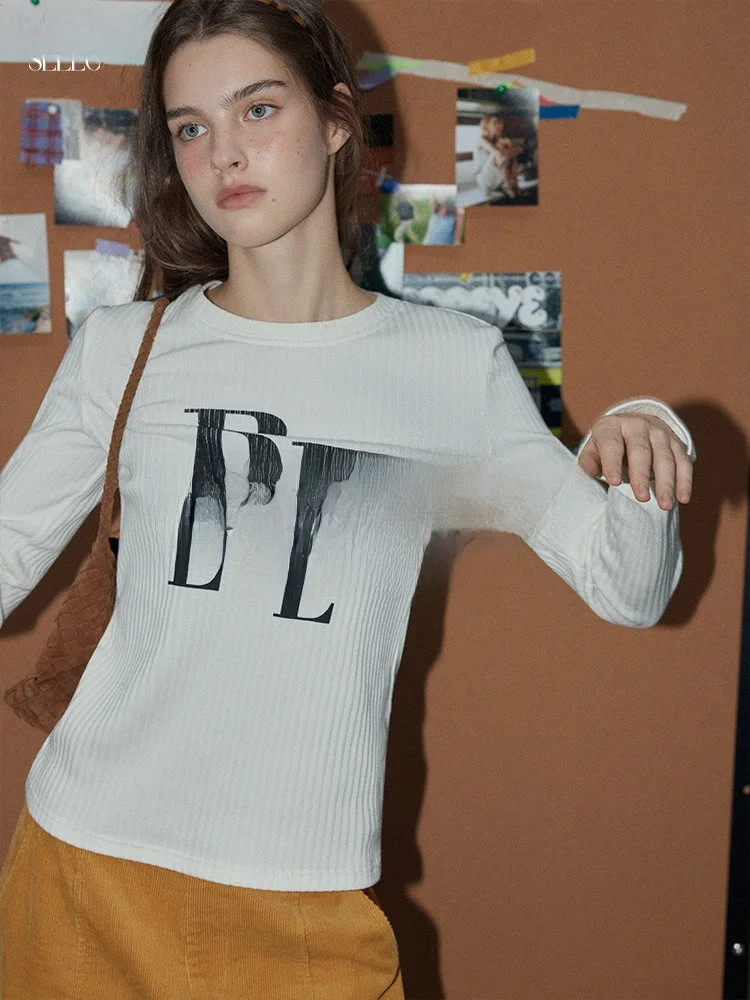 

Женская повседневная футболка с длинным рукавом и круглым вырезом, с цветным буквенным принтом, из смесового хлопка и полиэстера, комфортного кроя