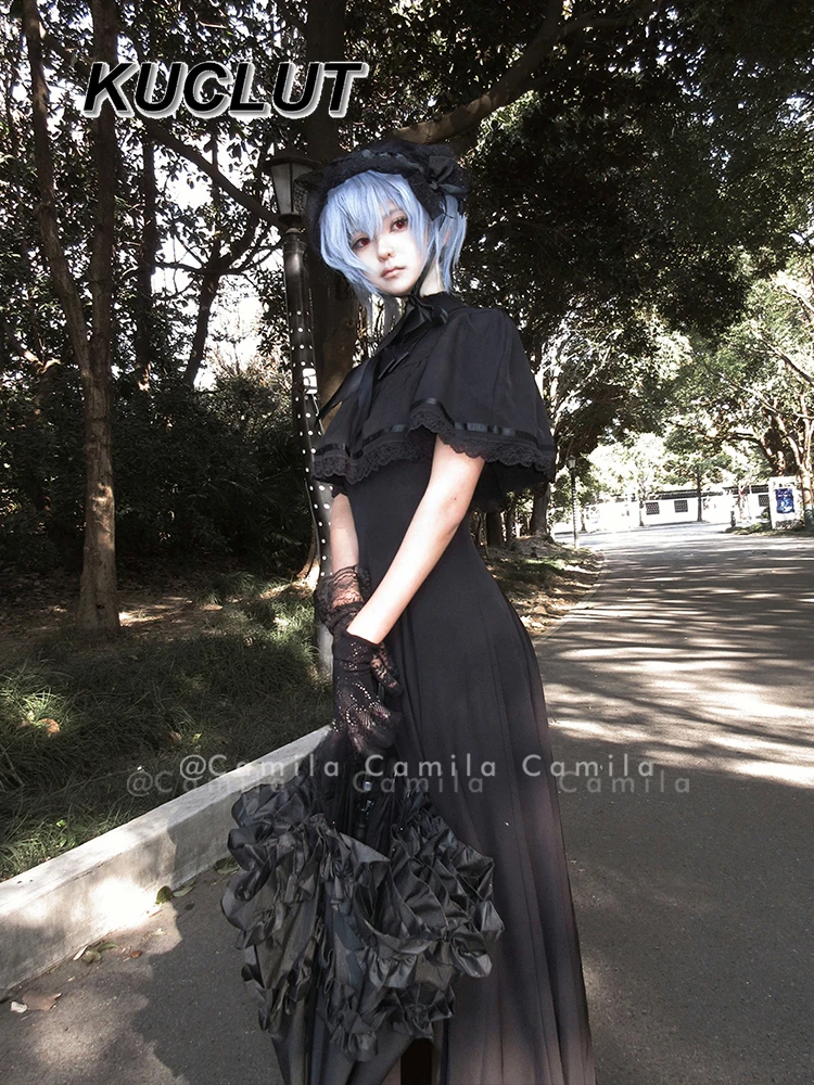 

Vintage Gothic French Summer Long Dress for Lady Y2k Style 2025 New Solid Color Waist Lace Cape Women's Lolita Dresses