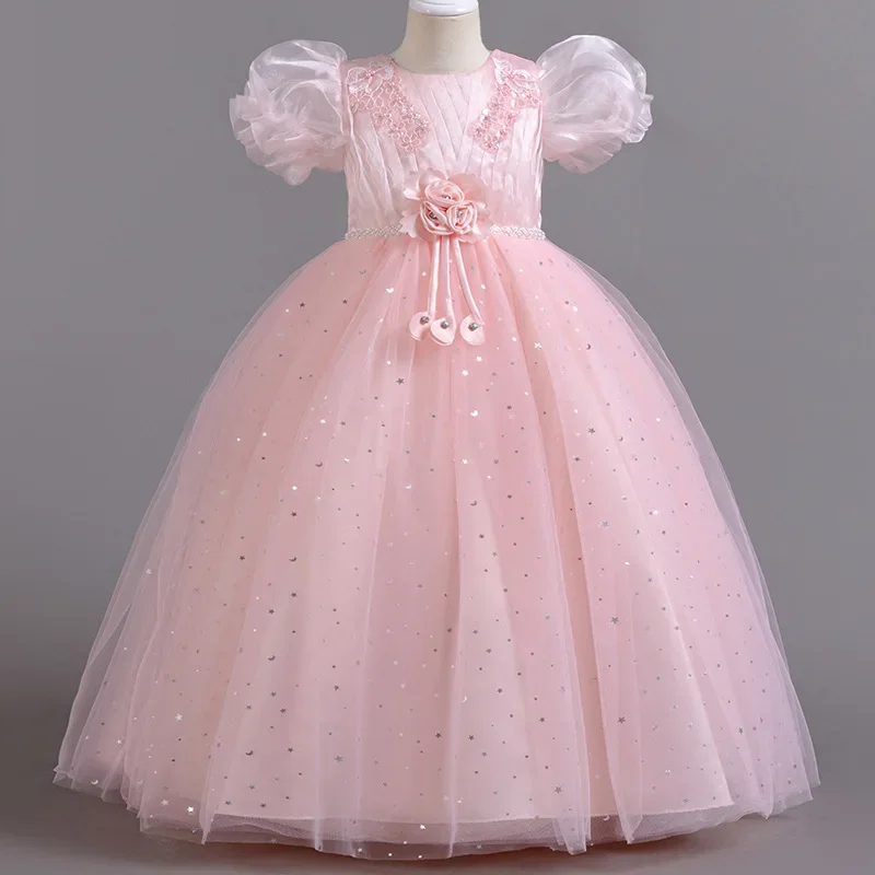 

Round Neck Bubble Sleeves Girls' Long Evening Dress Teenager Solid Vintage Dresses Bridesmaid Summer Clothing for Children Girl