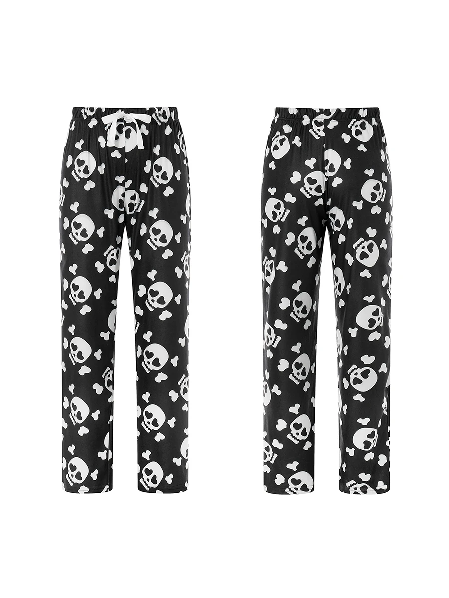 

Women's Fuzzy Pajama Pants Sleepwear Gothic Skull Print Elastic Waist Long Pants Thickened Nightwear Halloween Lounge Bottoms