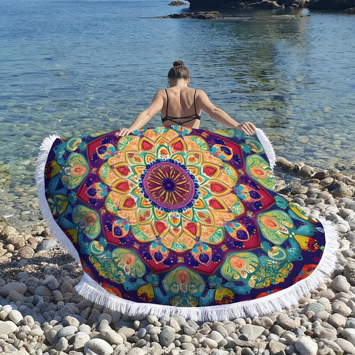 Lotus Printed Round Beach Towel Quick Dry Absorbent Microfiber Yoga Mat Sandproof Outdoor Picnic Blanket for Beach Travel Pool