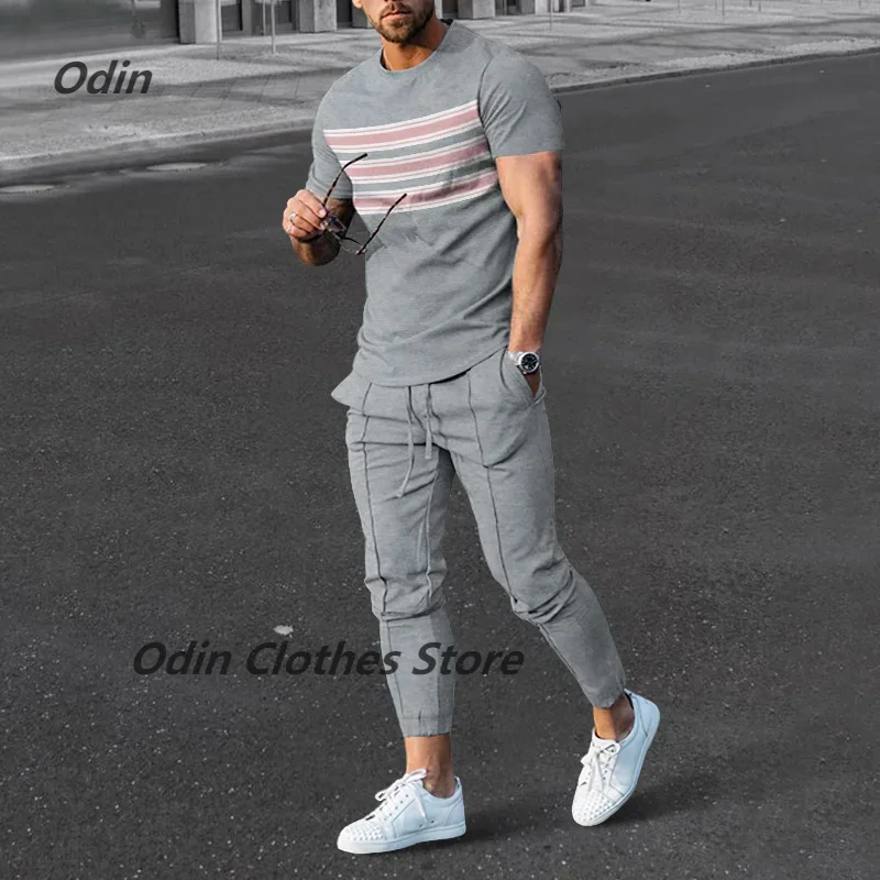 New Men Fashion Sportswear Set Men\'s Streetwear Short Sleeve T Shirt+Long Pants 2 Piece Trousers Tracksuit For Male Clothing