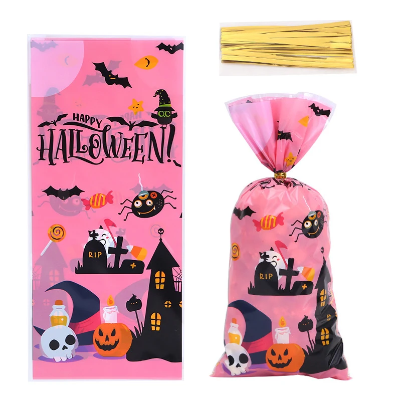

50/100PCS Halloween Candy Bag Creative Pink Zip Tie Flat Pocket Festival Atmosphere Ghost Pumpkin Decorate Biscuit Gift Bags ZYF