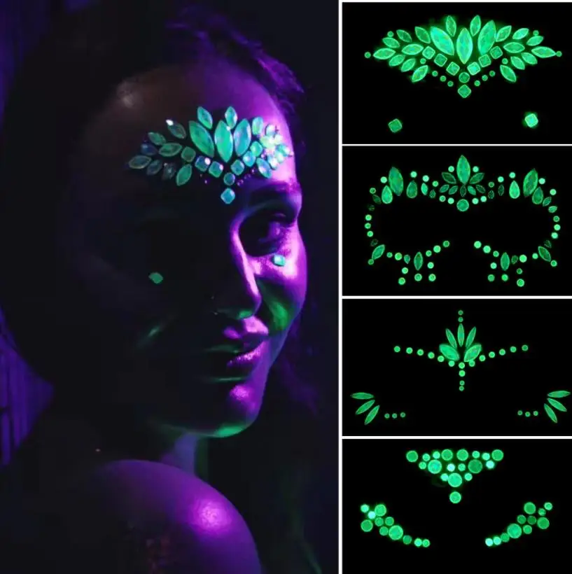 100pcs Face Jewel Gem Party Decoration Chunky Self-Adhesive Luminous Rhinestone Sticker For Music Festival Rave Carnival Cosplay