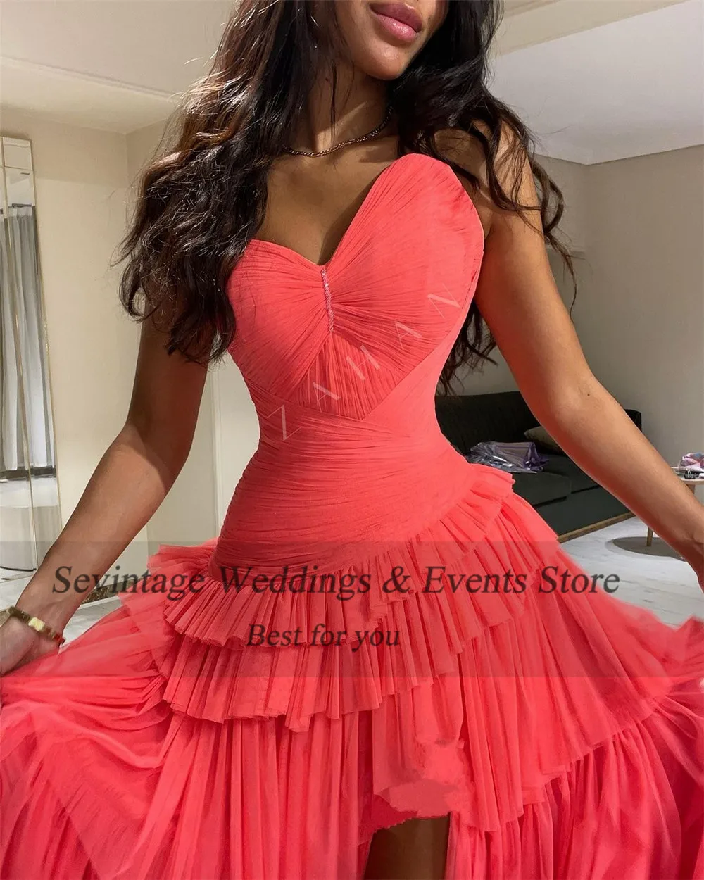 Sevintage Customized Blush Pink Arabic Prom Dress Pleated Tiered Mid Slit  Evening Gown Formal Women Occasion Party Dresses 2023