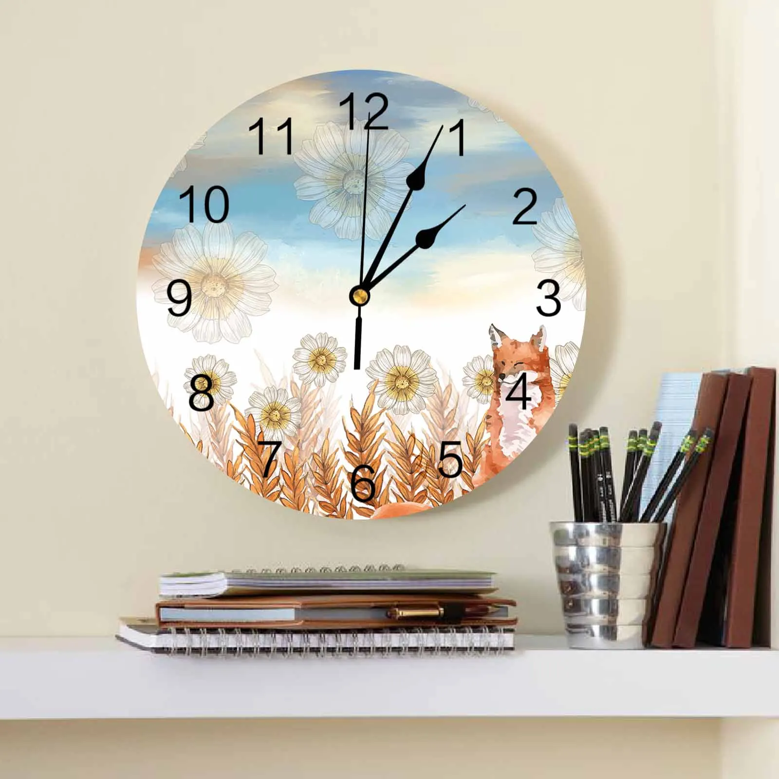 Autumn Plant Wheat Ears Daisy Fox Watercolor Printed Wall Clock Modern Silent Clock Living Room Home Decor Wall Hanging Watch