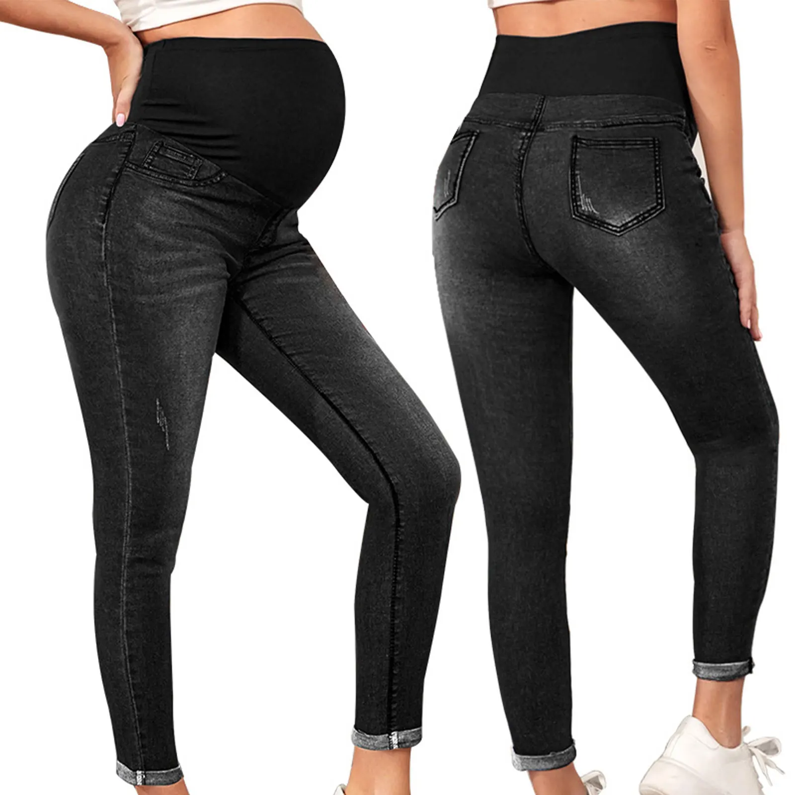 Pregnant Women High Waist Support Belly Jeans Maternity Hip Lifting Elastic Denim Pants Daily Work Wear Streetwear Loungewear