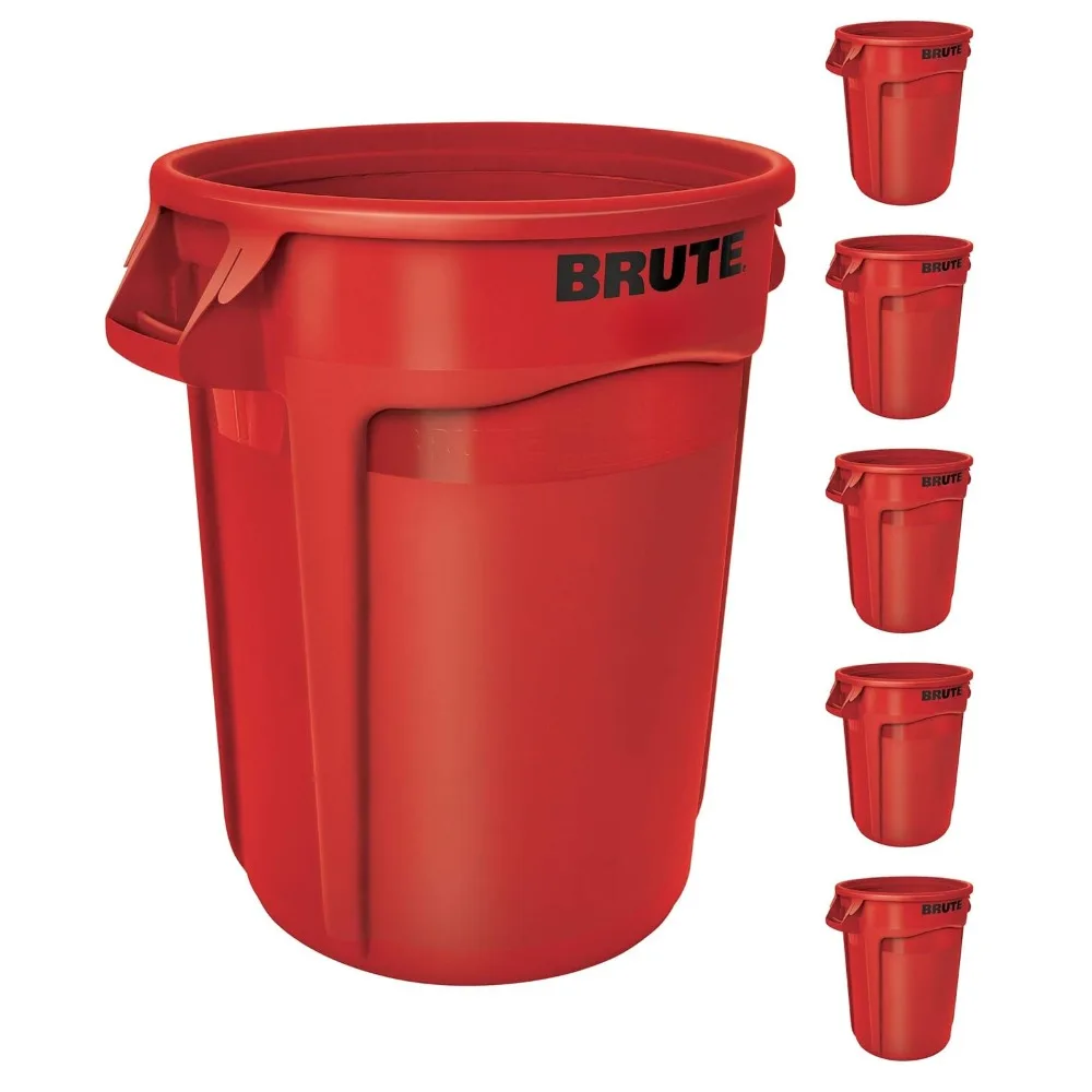 Heavy-Duty Trash/Garbage Can, 32-Gallon, Red, Resin, Wastebasket for Home/Garage/Mall/Office/Stadium/Bathroom, Pack of 6