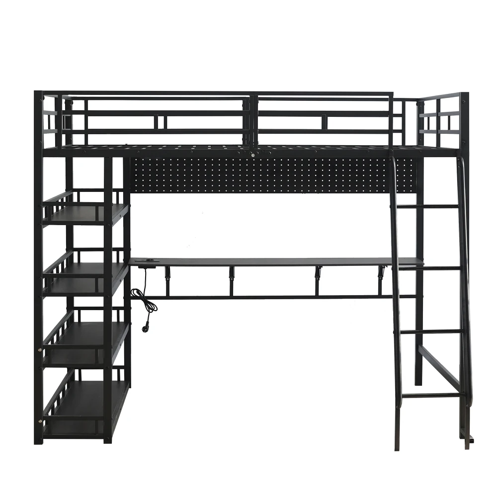 PINGGO Metall-Etagenbett mit Aufbewahrungsregalen, Ladeanschluss, 4-Stufen-Leiter, Hängeregal, Eisen-Spanplatte, Schwarz, 140x200cm, ohne Matratze – Detail 12