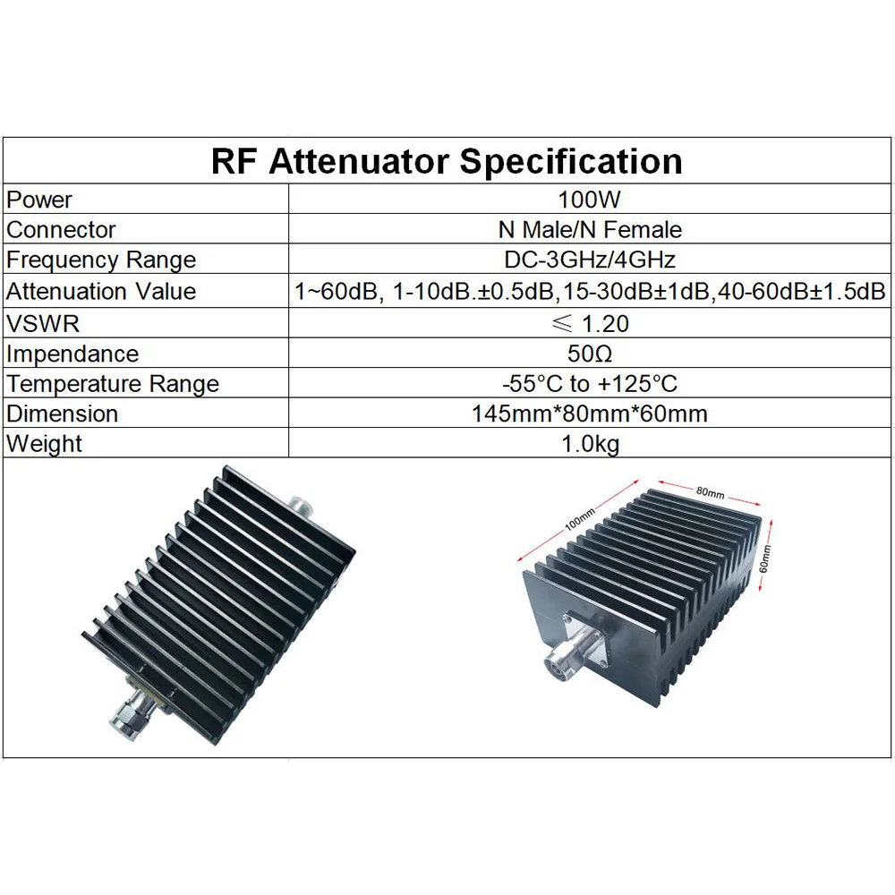 100W N Type Attenuator DC-3Ghz/4Ghz 1db~60db N Male Plug to Female Jack RF coaxial Attenuator 50ohm RF Accessory High Power