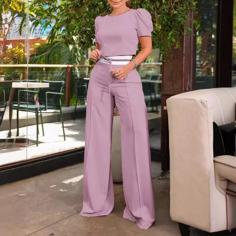 Spring Summer New Women\'s Clothing Solid Color Fashion Top Thread Stitching Wide Leg Trousers 2-Piece Set