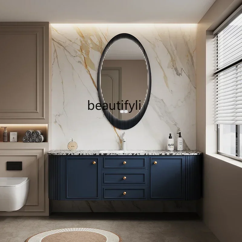 

6239P lt French cream style bathroom cabinet combination double basin luxury stone light luxury integrated washing table face wa