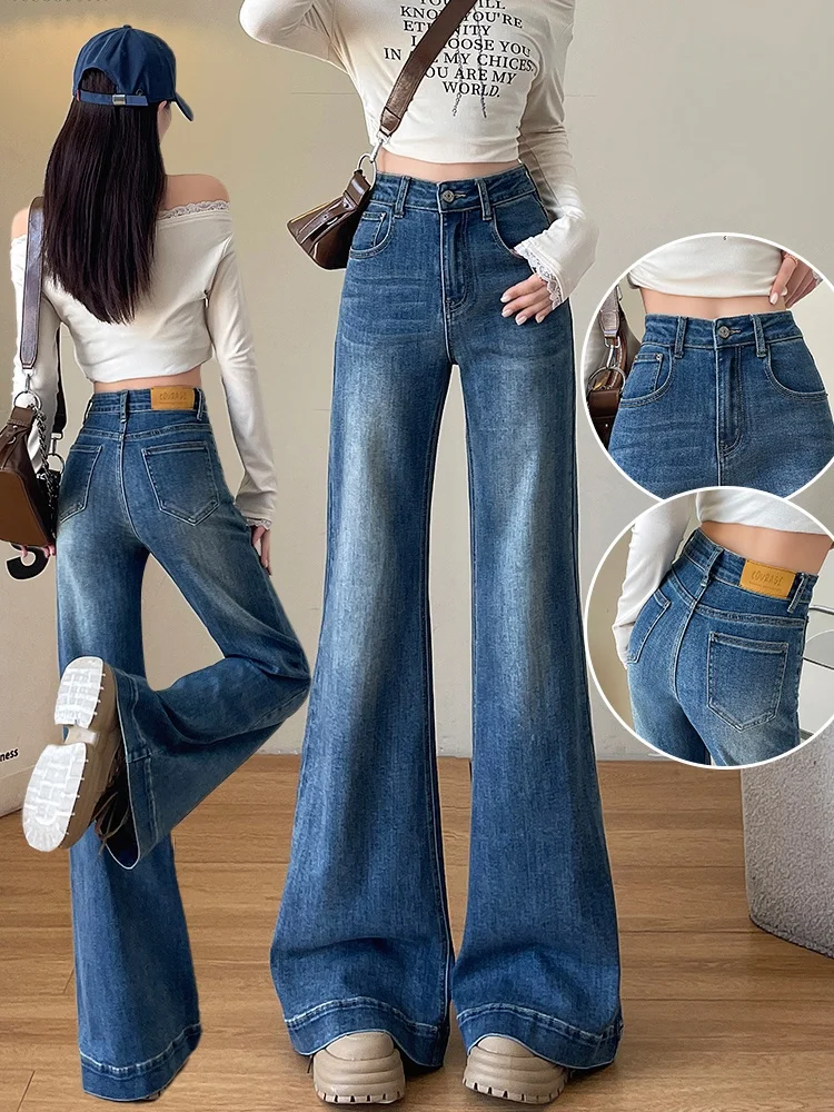 

Джинсы женские с высокой талией, синие, винтажные, расклешенные, осенне-зимние, свободного кроя, универсальные, с широкими штанинами, повседневная одежда