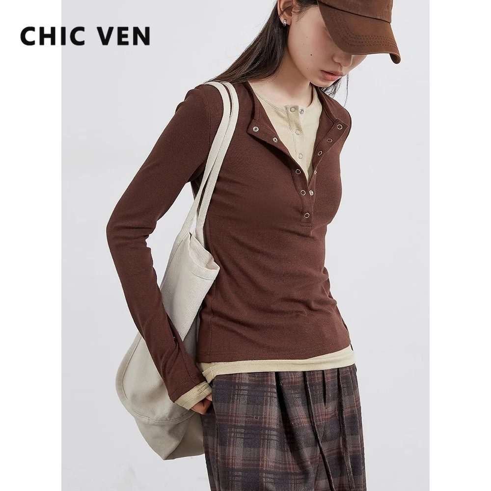 CHIC VEN ‌Women T-Shirts Long Sleeve Slim Fake Two-piece‌ Color Matching Base Shirt Inner Female Top Autumn Winter 2025