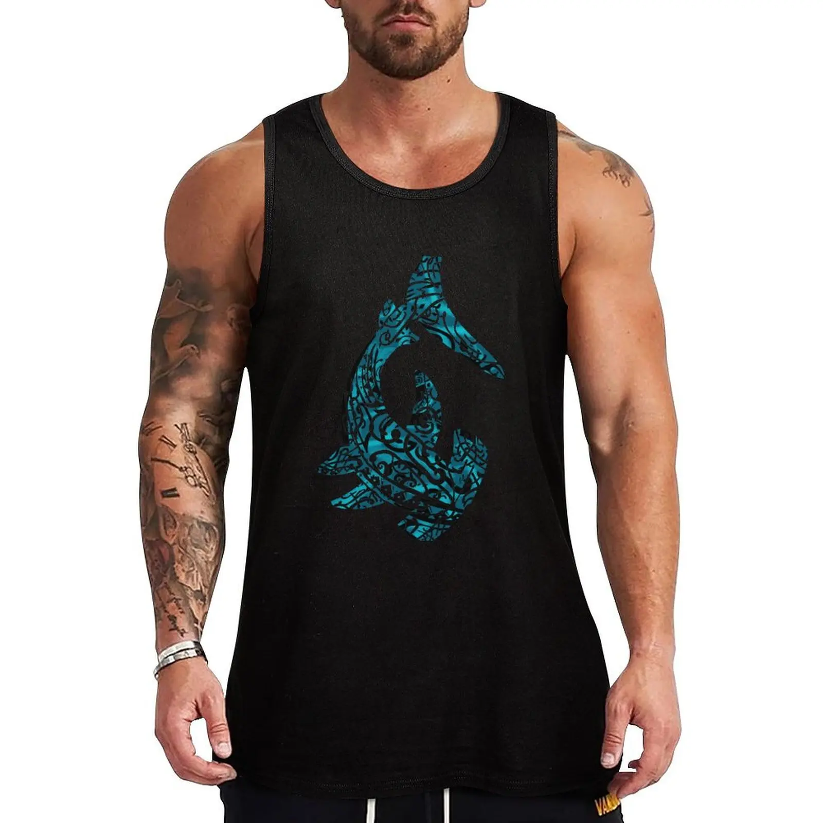 Water-shimmer Hammerhead Tribal Shark Tank Top bodybuilding muscular man