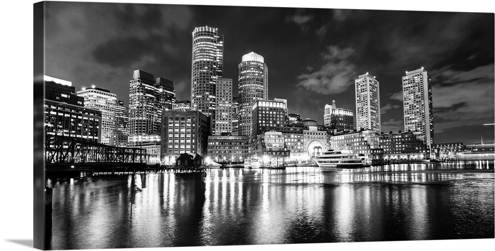 American City Night Wall Art Canvas Painting with Frame Boston Francisco Bridge Washington Scenery Poster Black White Picture