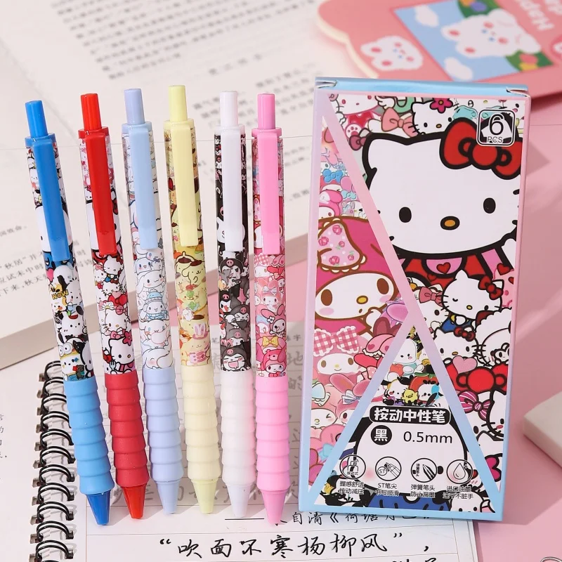 6 ชิ้น/กล่อง Kawaii Sanrio Kuromi Melody Press ปากกาเจลสําหรับเขียนน่ารัก 0.5 มม.หมึกสีดํา Neutral ปากกาอุปกรณ์สํานักงานโรงเรียน Zakka