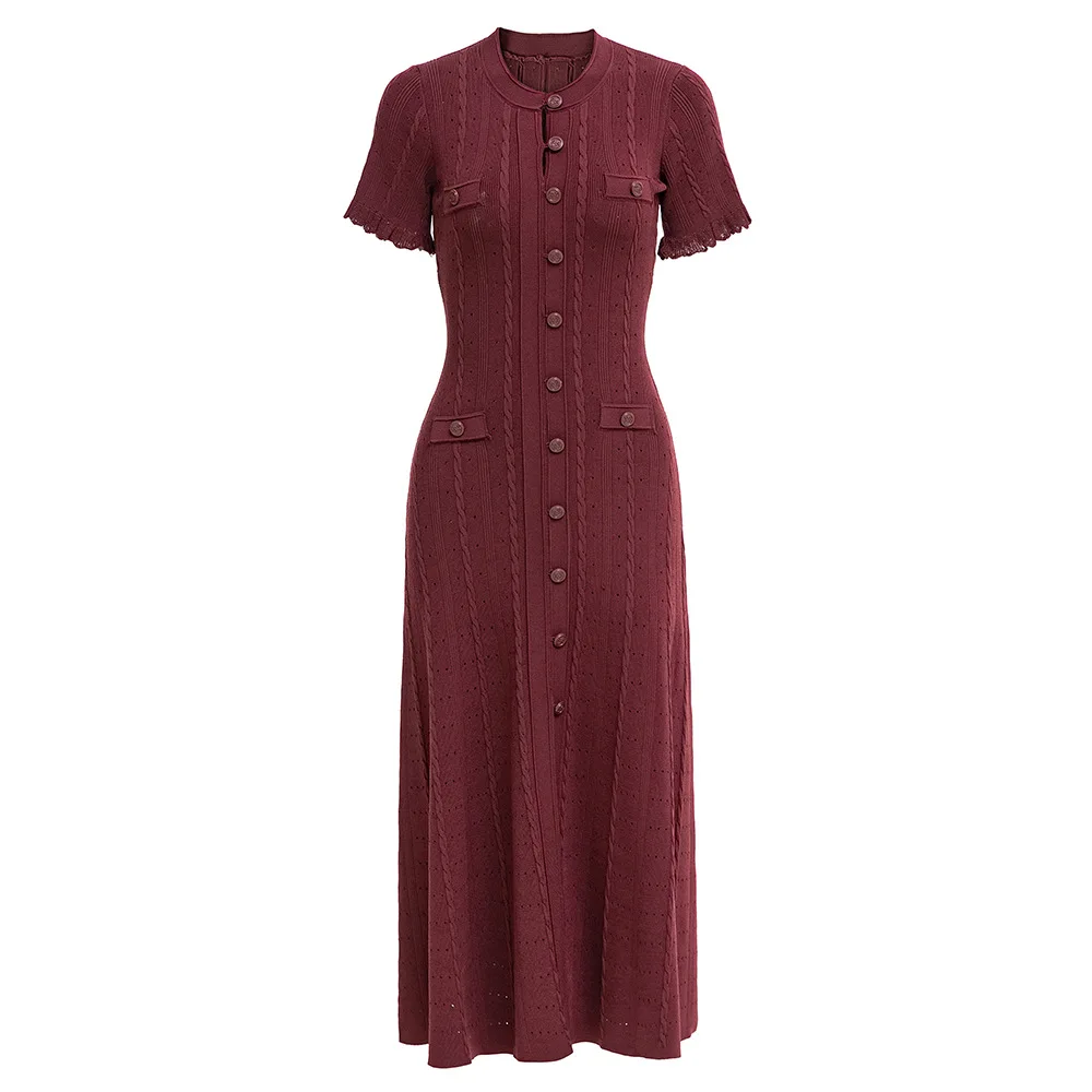 Summer Solid Round Neck Short Sleeved Office Lady Knitted Dress Women Korean Single Breasted Hollow Out Long Dress Fashion Trend