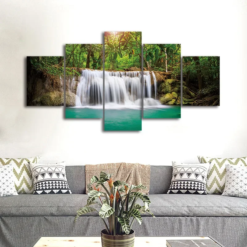 5 Pieces Nature Green Waterfall On Forest Decoration Posters Canvas Painting Wall Art For Living Room Bedroom Home Decor Cuadros