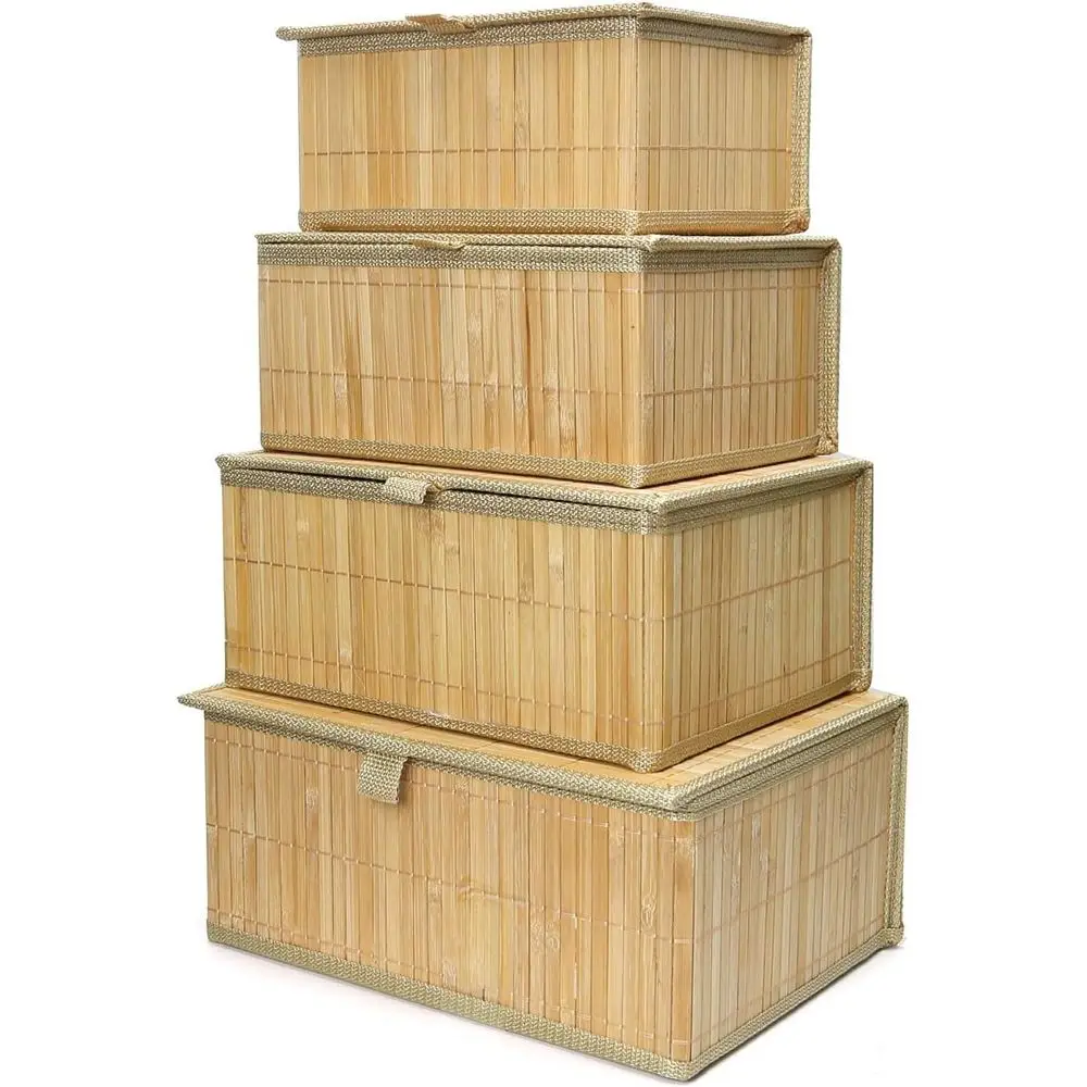 

Плетеная корзина с крышкой, бамбуковый ящик для хранения на полку, декоративные бамбуковые коробки для хранения с крышками – прямоугольная декоративная корзина с крышкой